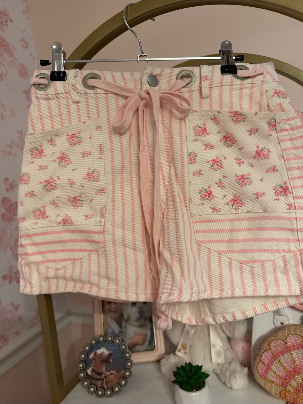 Peach Love California Pink & Cream Striped Floral High Waist Shorts